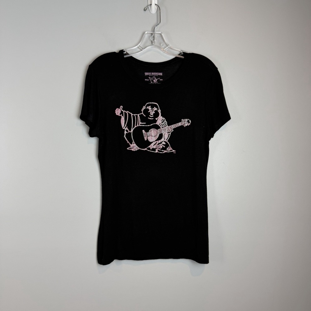 True Religion Buddha T-Shirt Womens Large Black Pink Rhinestone Logo Graphic